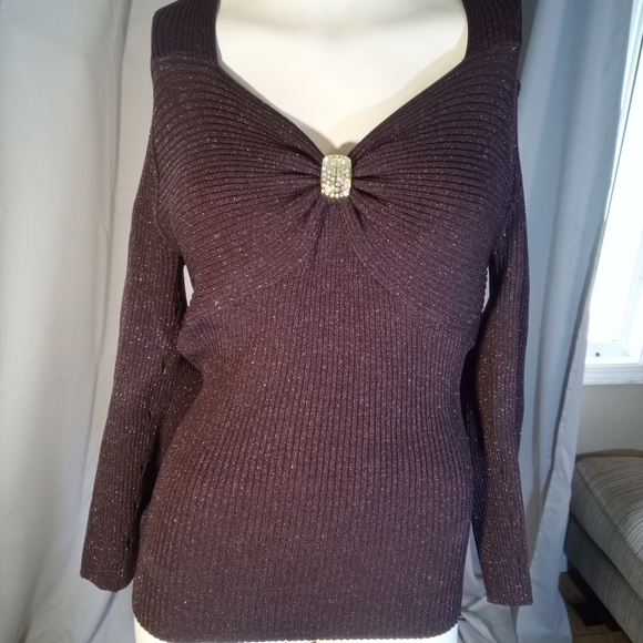 Michaels Brown Off-the-Shoulder Sweater Ribbed Knit - Picture 1 of 2